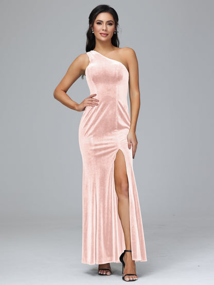 One Shoulder Plus Size Velvet Bridesmaid Dress With Slit