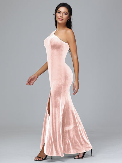 One Shoulder Velvet Bridesmaid Dress With Slit