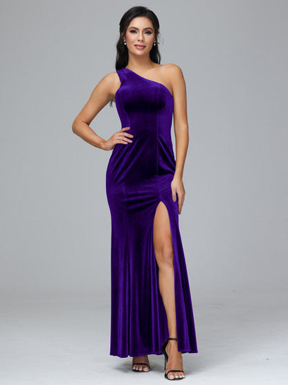 One Shoulder Velvet Bridesmaid Dress With Slit