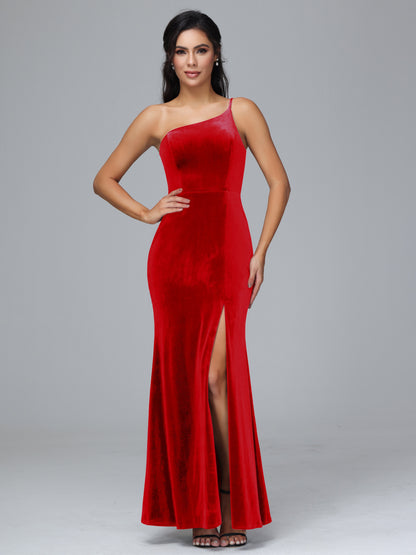 One Shoulder Plus Size Velvet Bridesmaid Dress With Slit