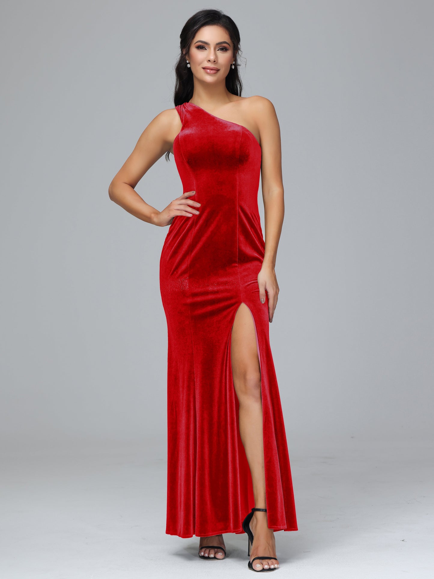 One Shoulder Velvet Bridesmaid Dress With Slit