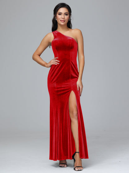 One Shoulder Velvet Bridesmaid Dress With Slit