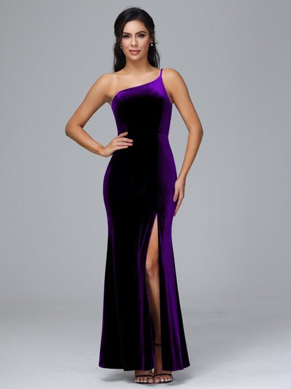 One Shoulder Plus Size Velvet Bridesmaid Dress With Slit