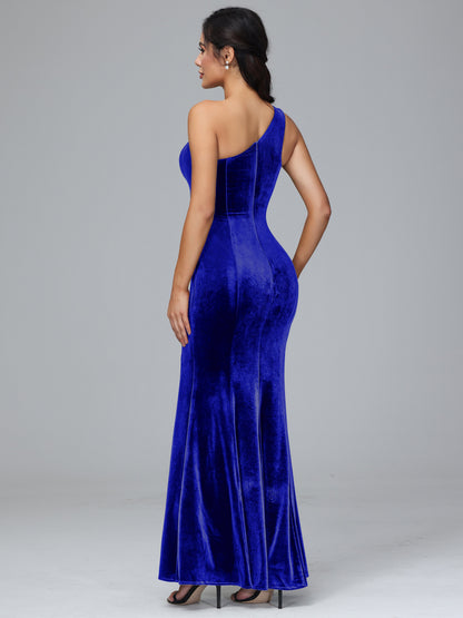 One Shoulder Velvet Bridesmaid Dress With Slit