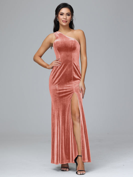 One Shoulder Velvet Bridesmaid Dress With Slit