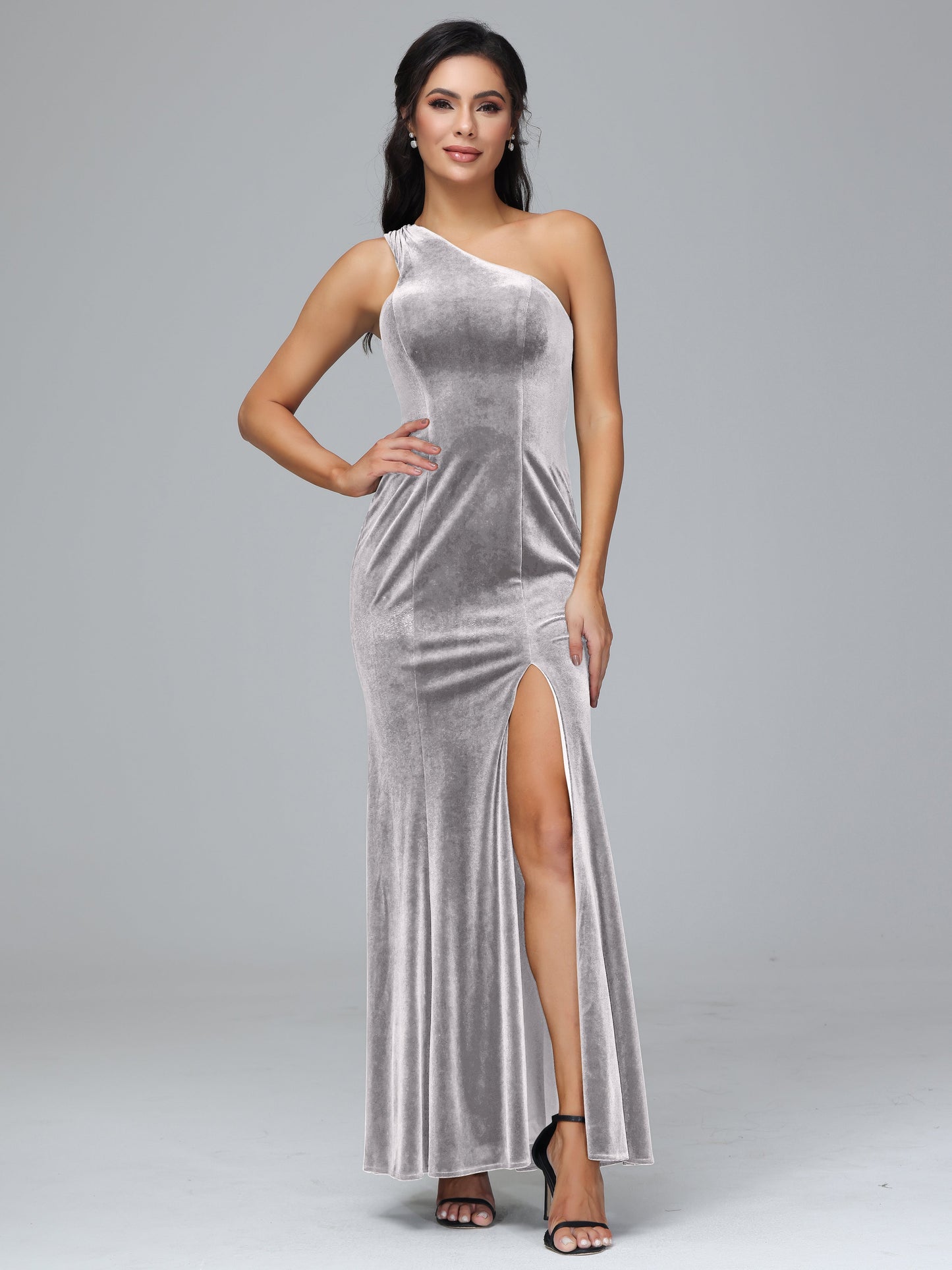 One Shoulder Plus Size Velvet Bridesmaid Dress With Slit