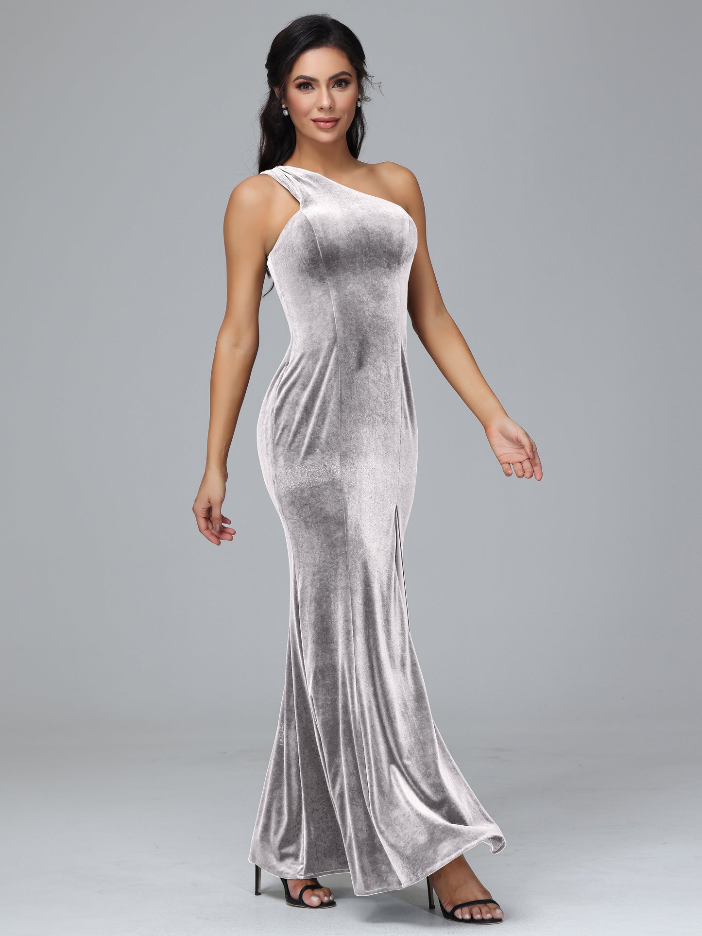 One Shoulder Velvet Bridesmaid Dress With Slit