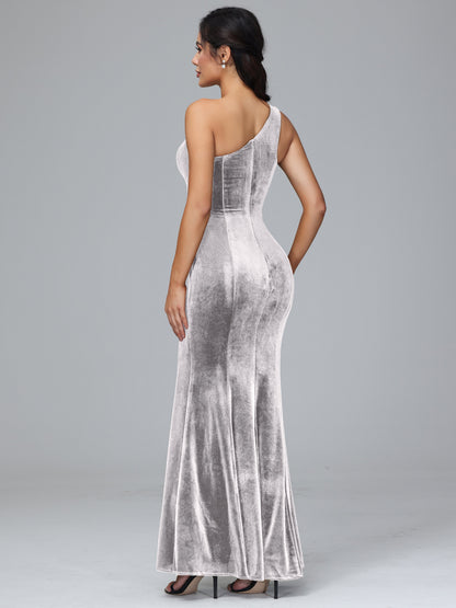 One Shoulder Velvet Bridesmaid Dress With Slit