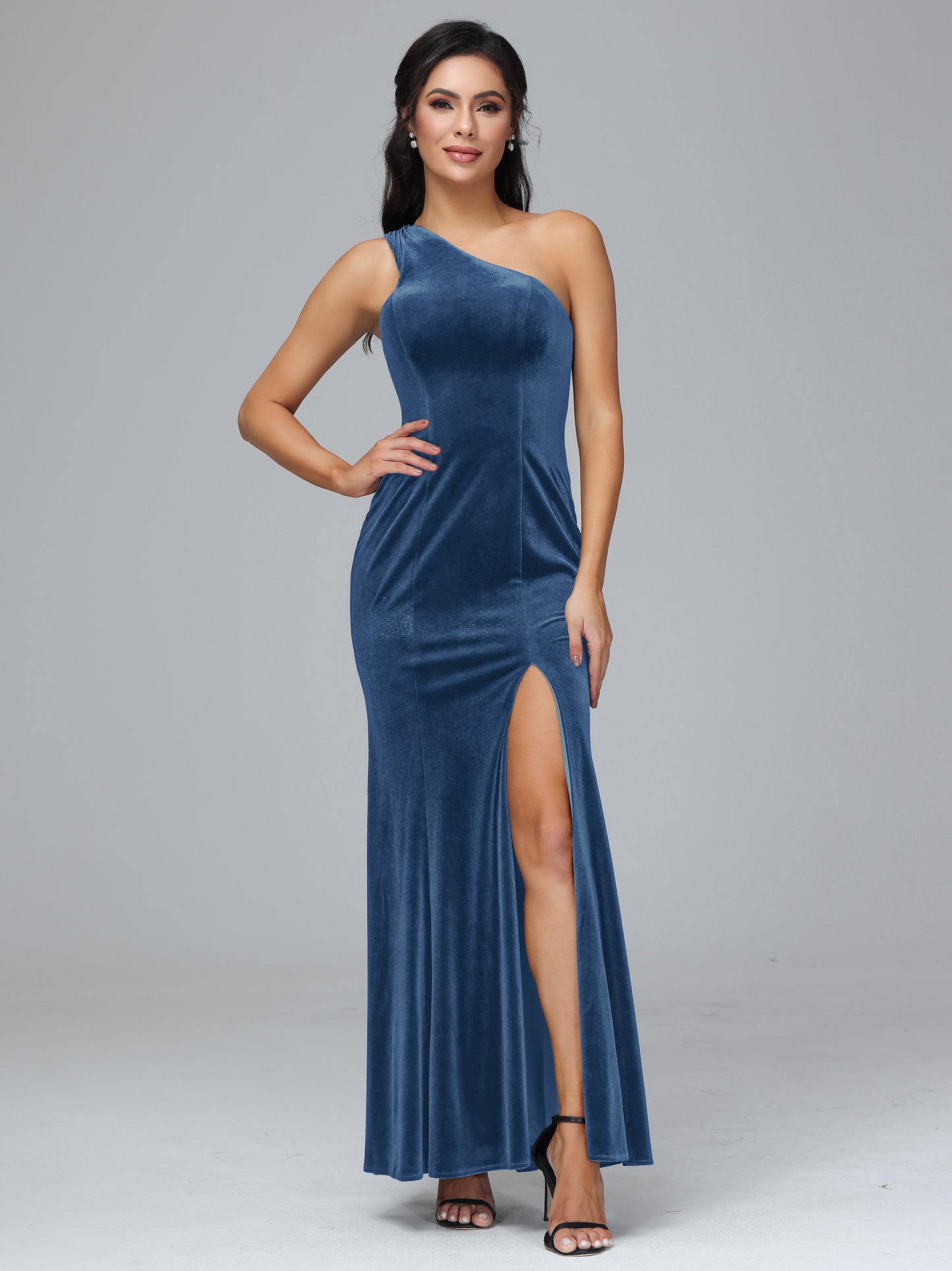 One Shoulder Velvet Bridesmaid Dress With Slit