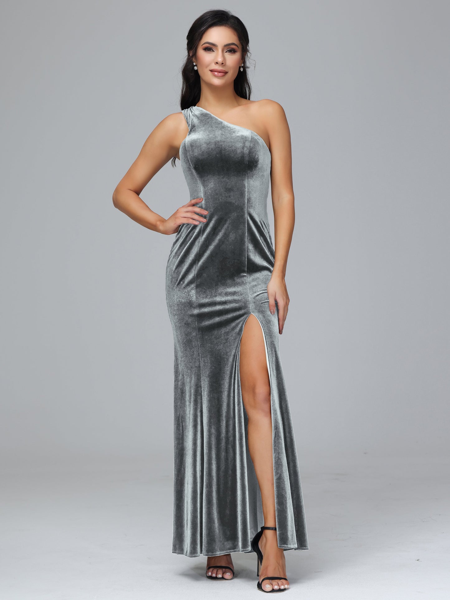 One Shoulder Velvet Bridesmaid Dress With Slit