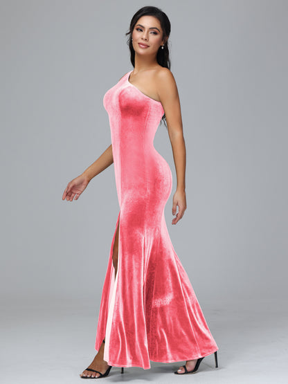 One Shoulder Velvet Bridesmaid Dress With Slit