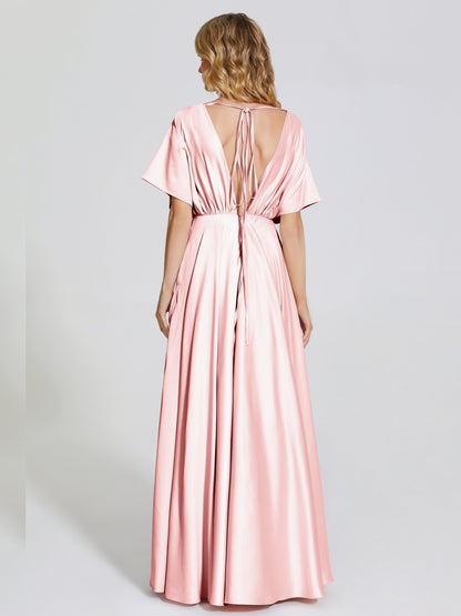 Georgia Open Back Soft Satin Bridesmaid Dress With Sleeves