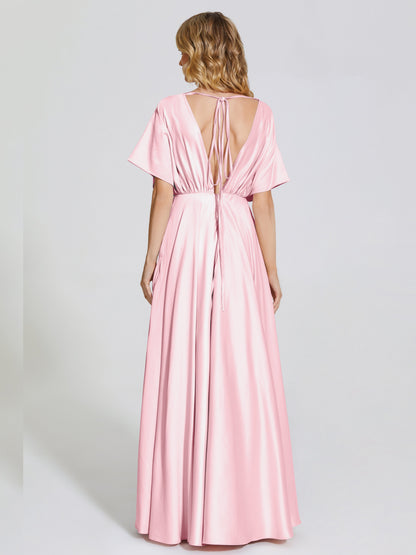 Georgia Open Back Soft Satin Bridesmaid Dress With Sleeves