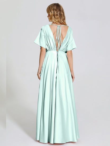 Georgia Open Back Soft Satin Bridesmaid Dress With Sleeves