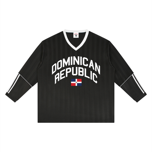 Quisqueya Runs Deep Black Striped Soccer Jersey by Bronx Native, Dominican Republic Quisqueya Runs Deep jerseys streetwear