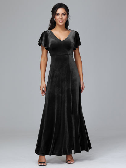 Short Sleeves Velvet Bridesmaid Dress With Slit