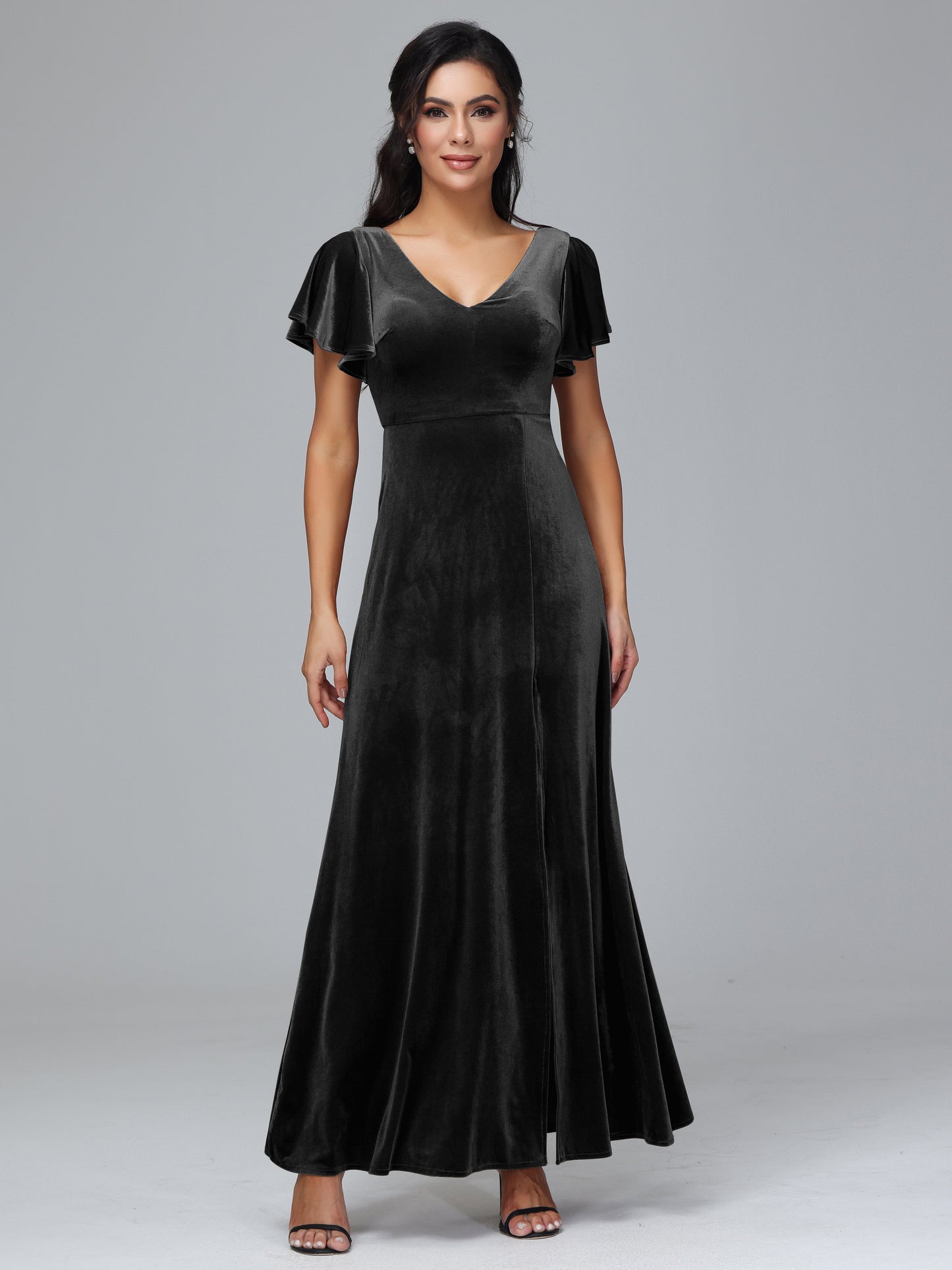 Short Sleeves Plus Size Velvet Bridesmaid Dress With Slit