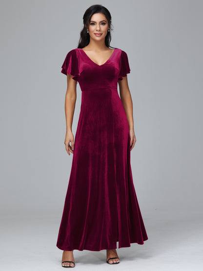 Short Sleeves Velvet Bridesmaid Dress With Slit