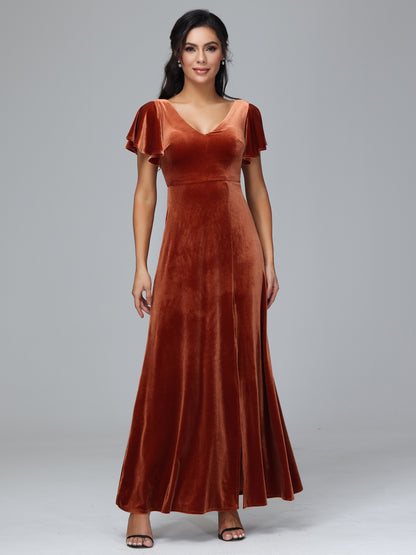 Short Sleeves Velvet Bridesmaid Dress With Slit