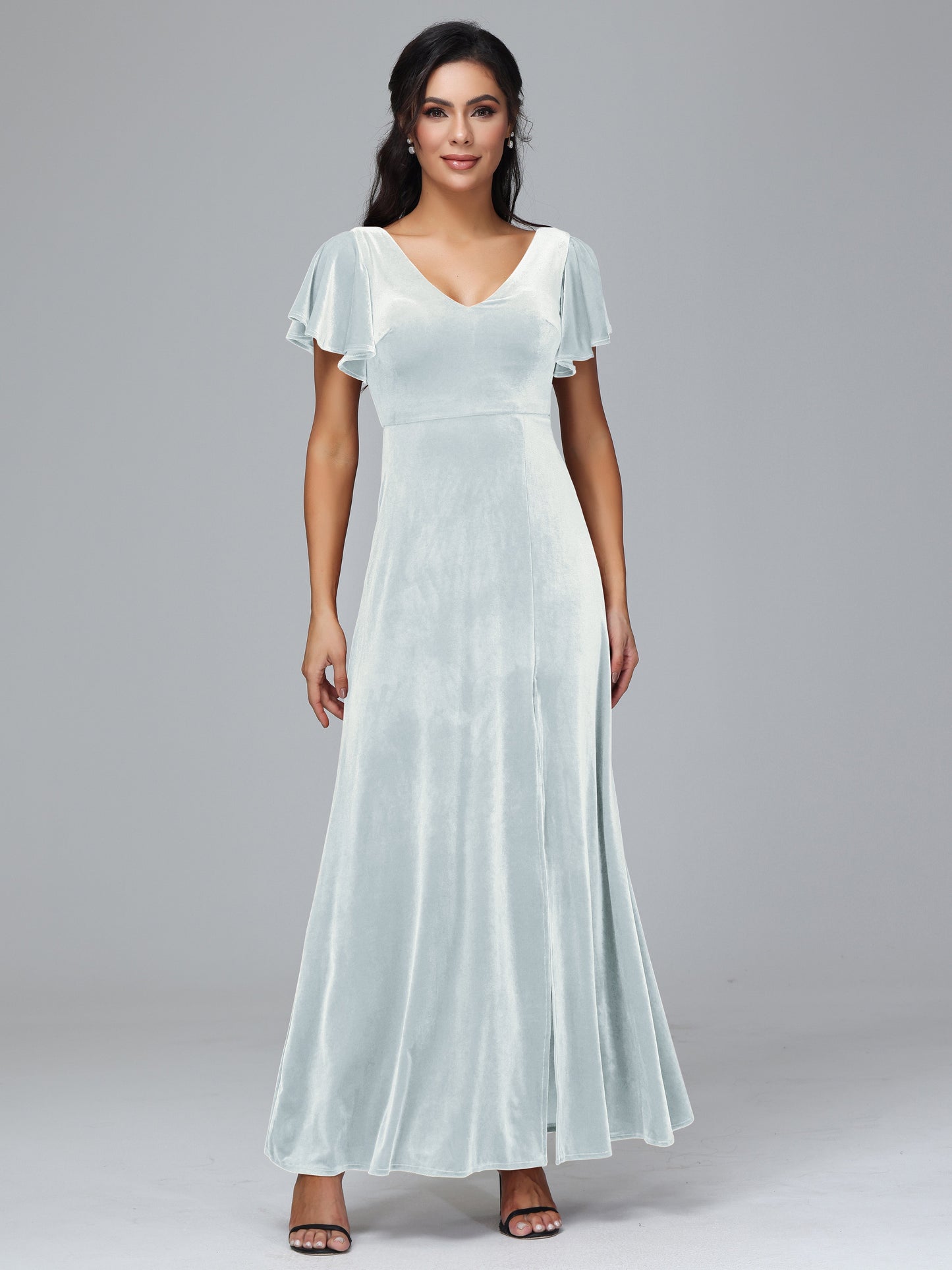 Short Sleeves Plus Size Velvet Bridesmaid Dress With Slit