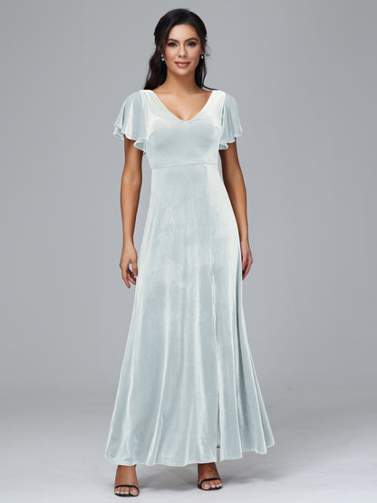 Short Sleeves Plus Size Velvet Bridesmaid Dress With Slit