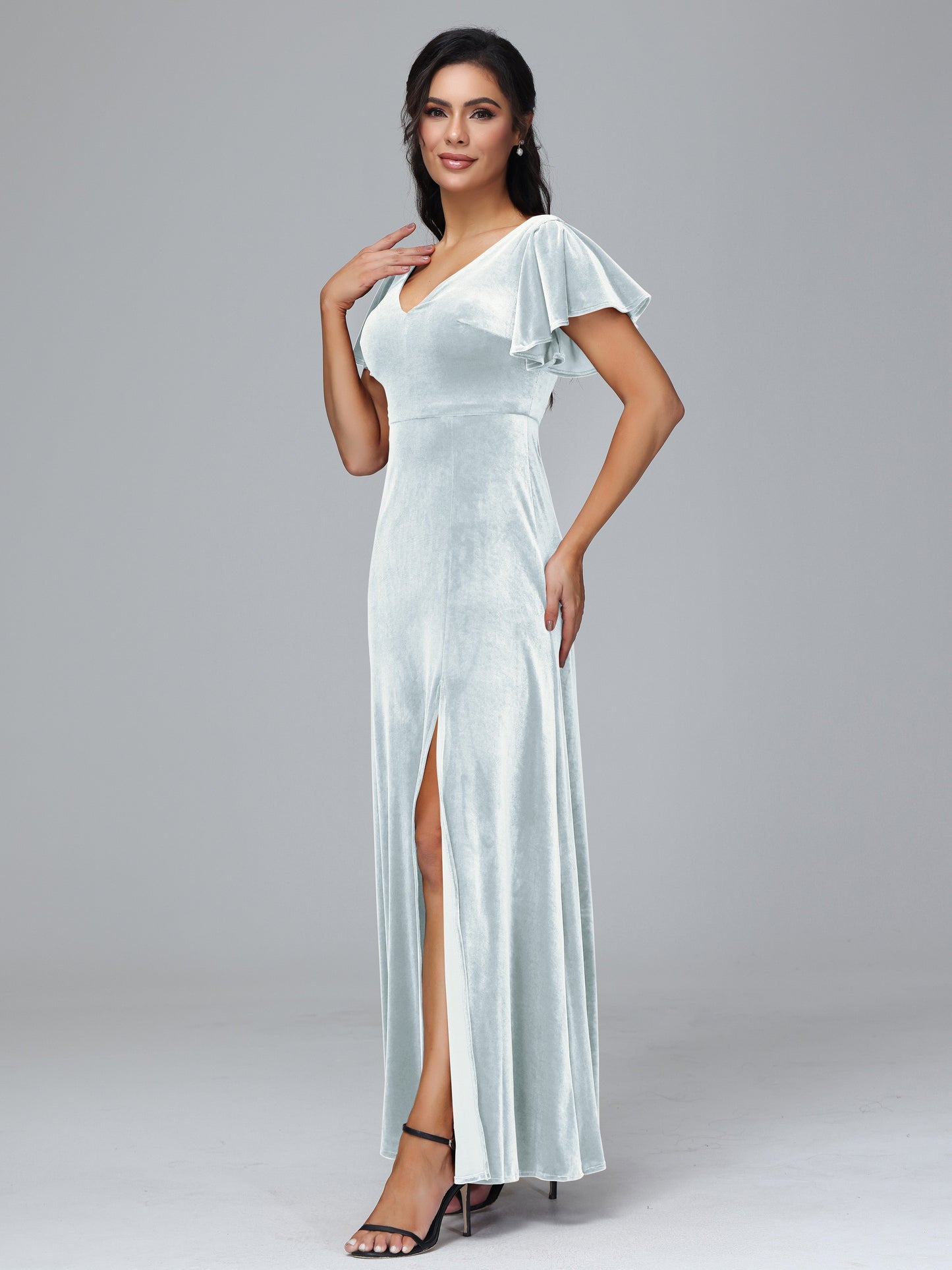 Short Sleeves Velvet Bridesmaid Dress With Slit