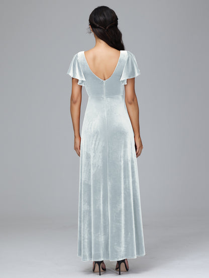 Short Sleeves Plus Size Velvet Bridesmaid Dress With Slit