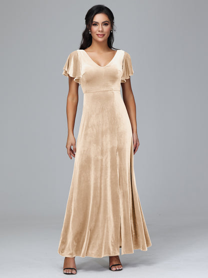 Short Sleeves Velvet Bridesmaid Dress With Slit
