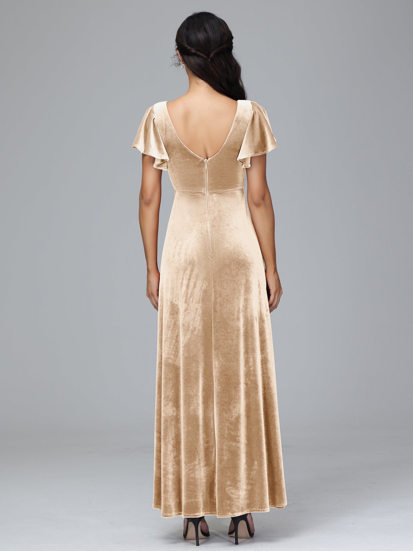 Short Sleeves Velvet Bridesmaid Dress With Slit