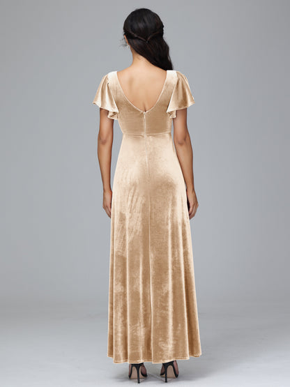 Short Sleeves Velvet Bridesmaid Dress With Slit