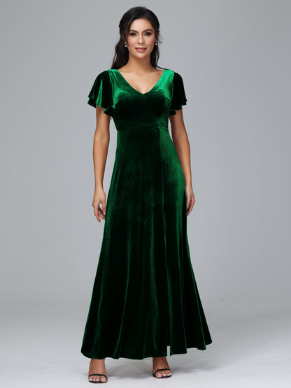 Short Sleeves Plus Size Velvet Bridesmaid Dress With Slit