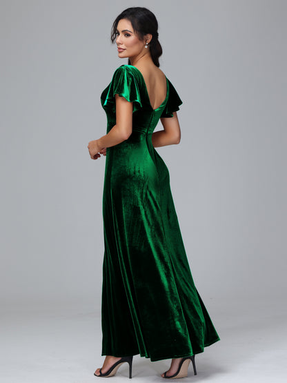 Short Sleeves Plus Size Velvet Bridesmaid Dress With Slit