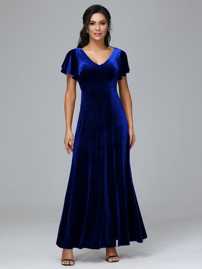 Short Sleeves Velvet Bridesmaid Dress With Slit