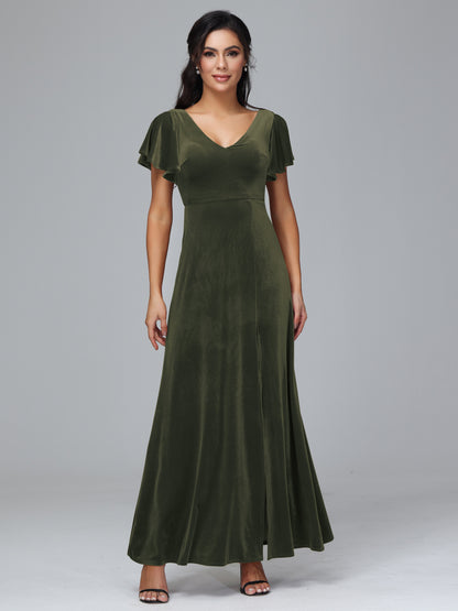 Short Sleeves Velvet Bridesmaid Dress With Slit