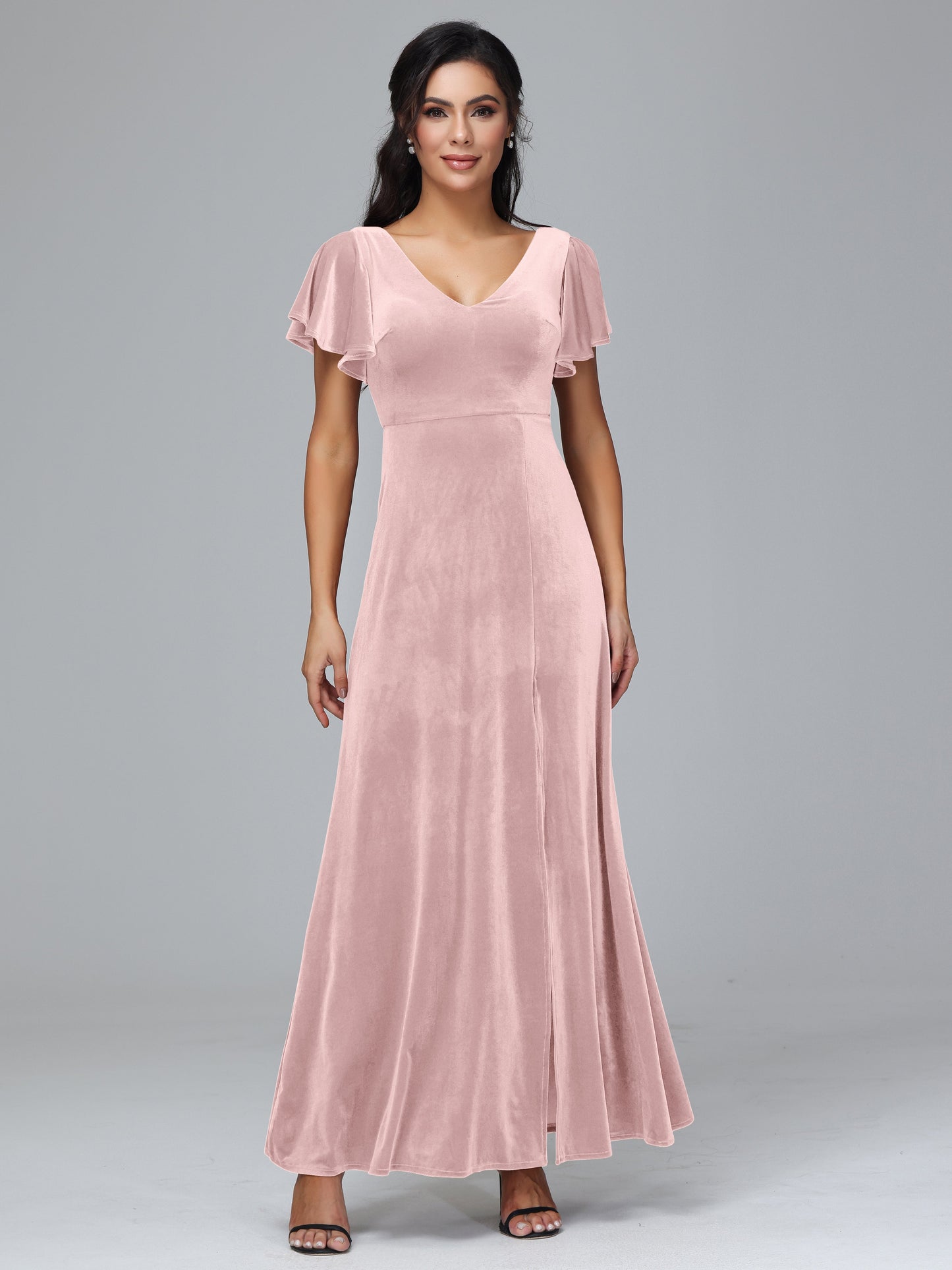 Short Sleeves Plus Size Velvet Bridesmaid Dress With Slit