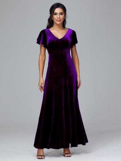 Short Sleeves Velvet Bridesmaid Dress With Slit