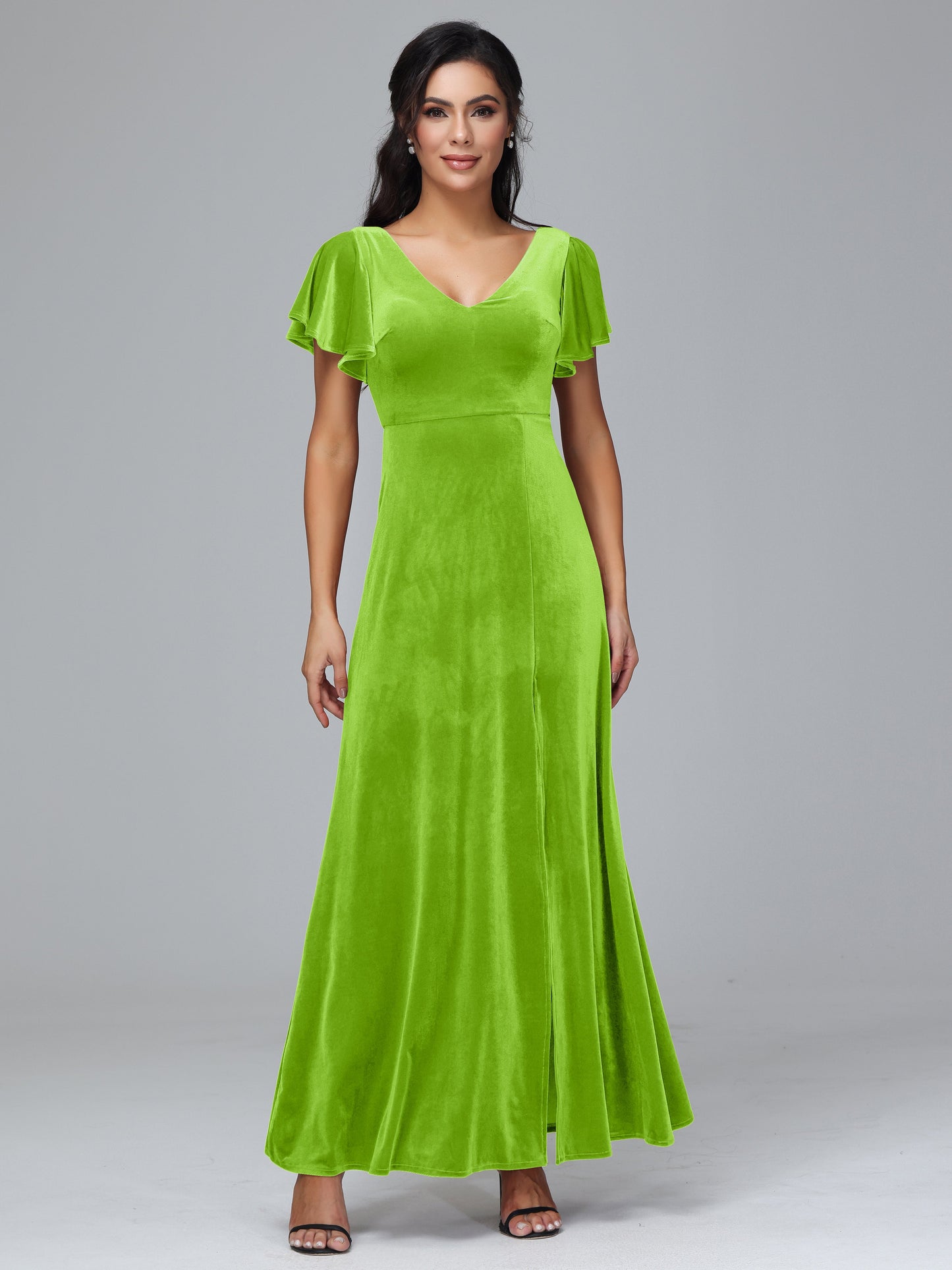 Short Sleeves Velvet Bridesmaid Dress With Slit