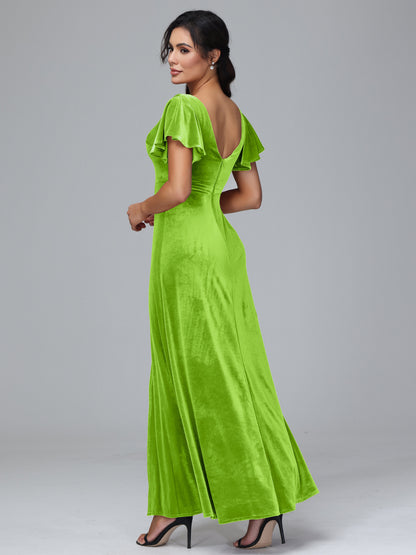 Short Sleeves Plus Size Velvet Bridesmaid Dress With Slit