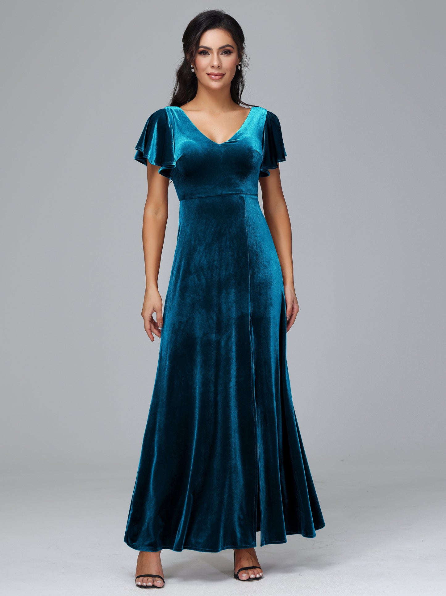 Short Sleeves Plus Size Velvet Bridesmaid Dress With Slit