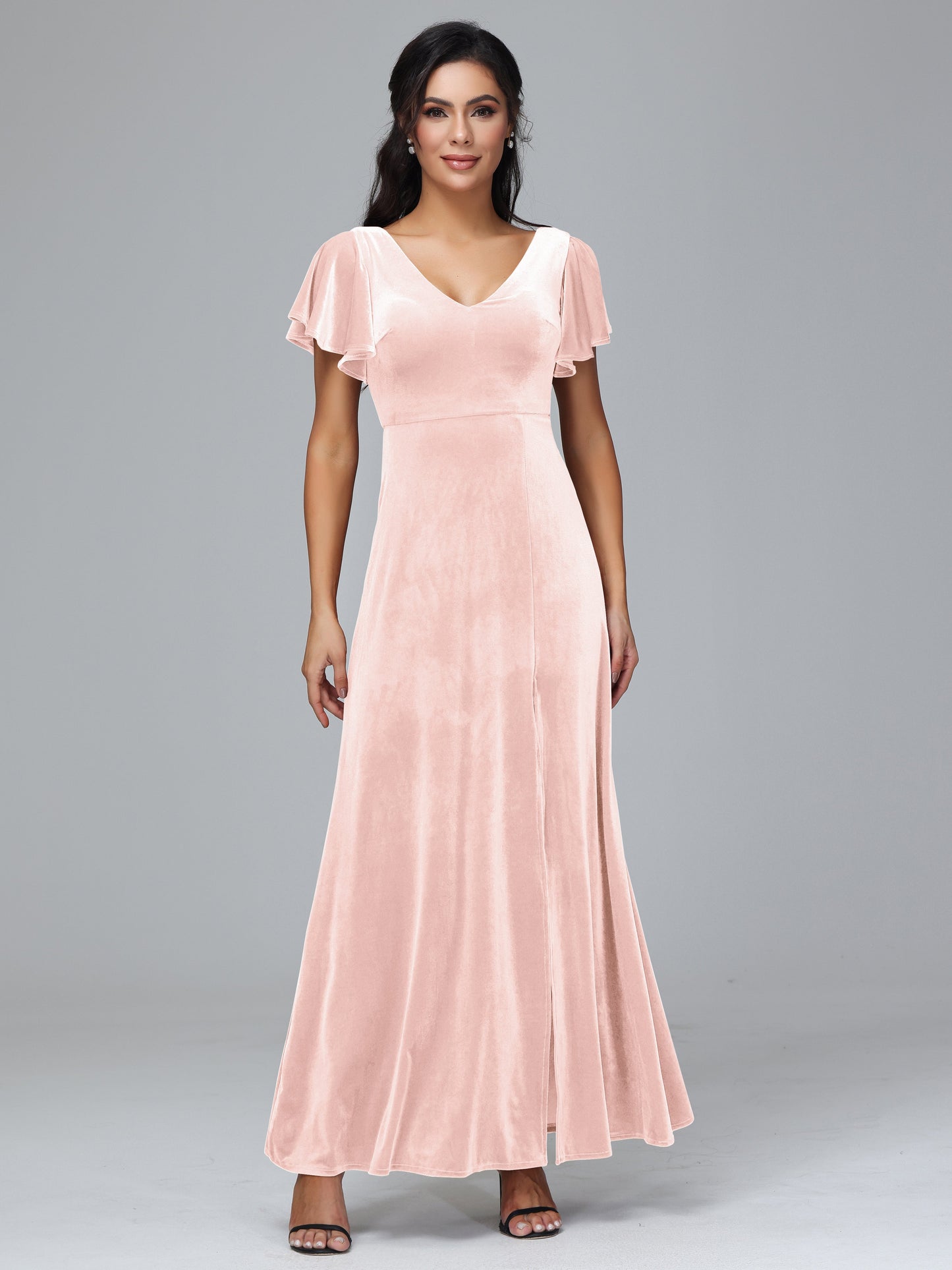 Short Sleeves Plus Size Velvet Bridesmaid Dress With Slit