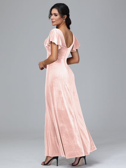 Short Sleeves Velvet Bridesmaid Dress With Slit