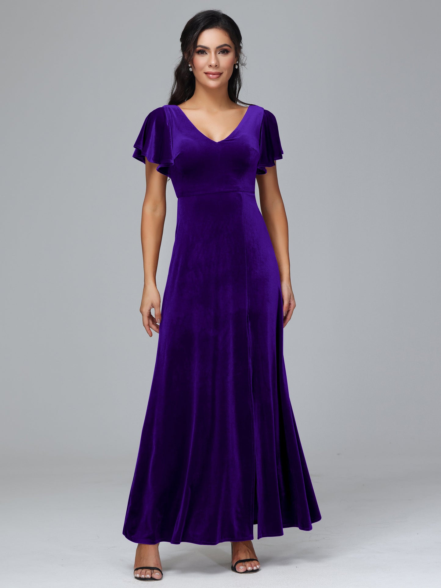 Short Sleeves Velvet Bridesmaid Dress With Slit