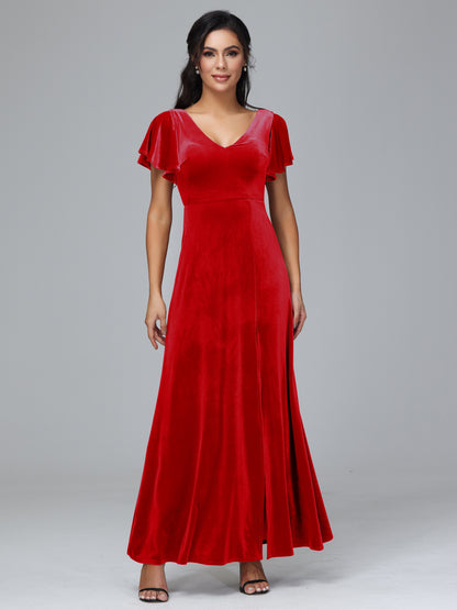 Short Sleeves Plus Size Velvet Bridesmaid Dress With Slit