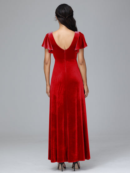 Short Sleeves Plus Size Velvet Bridesmaid Dress With Slit