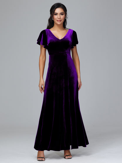 Short Sleeves Velvet Bridesmaid Dress With Slit