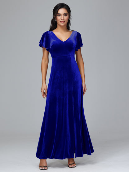 Short Sleeves Plus Size Velvet Bridesmaid Dress With Slit