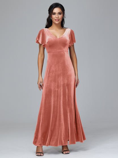 Short Sleeves Velvet Bridesmaid Dress With Slit