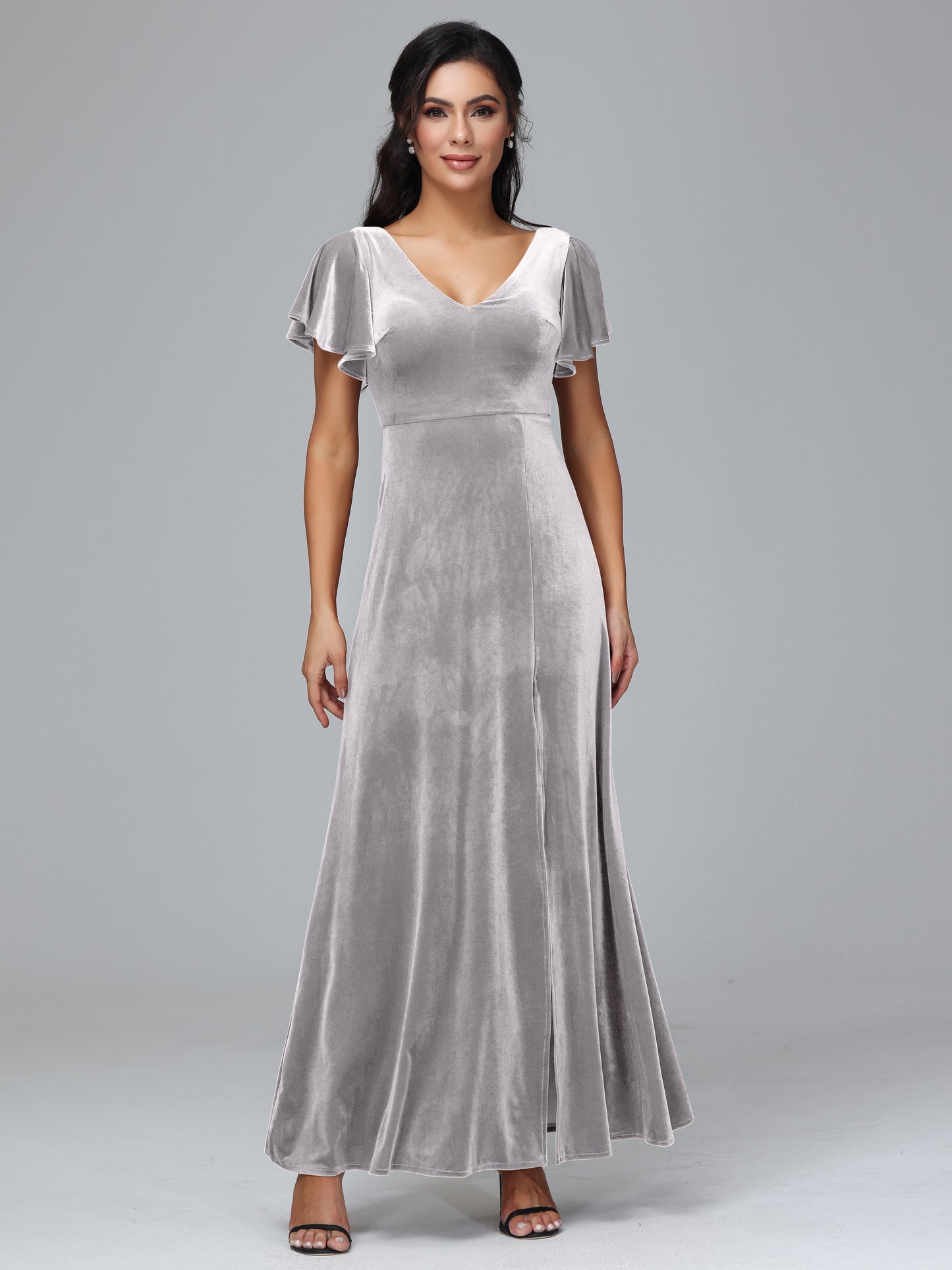 Short Sleeves Velvet Bridesmaid Dress With Slit