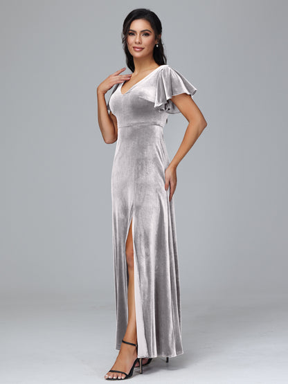 Short Sleeves Velvet Bridesmaid Dress With Slit