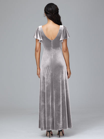 Short Sleeves Velvet Bridesmaid Dress With Slit